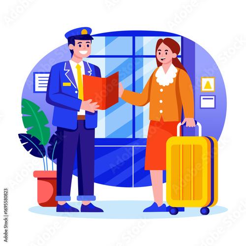A flat style illustration showing passenger welcome 
