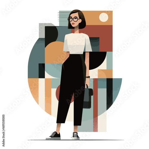 A fashionable woman stands confidently in a chic outfit, featuring a white top and black trousers, set against a colorful geometric backdrop.