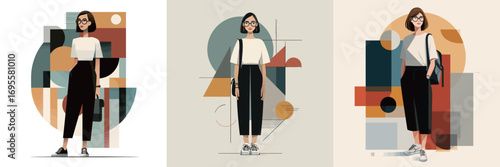 A fashionable woman poses confidently in modern attire, surrounded by vibrant abstract shapes and colors. Each backdrop enhances her unique sense of style.