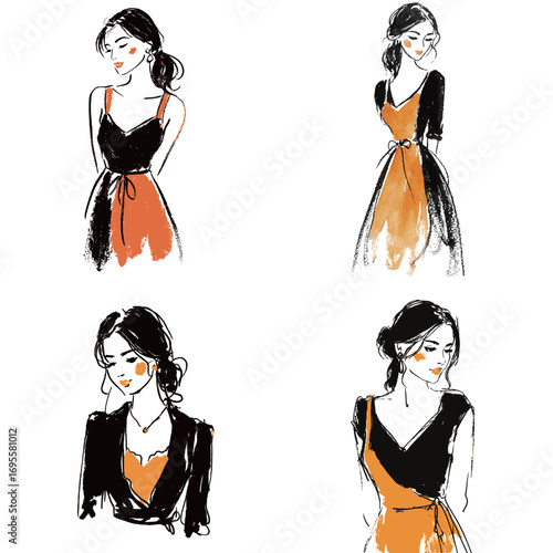 Wallpaper Mural Four artistic representations of a woman wearing a black and orange dress. Each sketch highlights a unique pose and expression, emphasizing elegance and simplicity. Torontodigital.ca