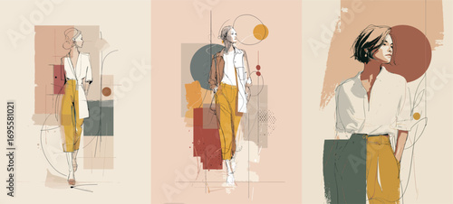 Three fashion illustrations depict models in chic outfits, showcasing vibrant colors and contemporary designs.