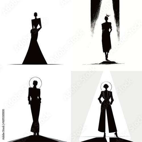 Silhouettes of models wearing stylish dresses display innovative fashion designs under spotlight effects in a modern setting, highlighting creativity and elegance.