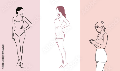 Three fashion illustrations depict women of different body types posing in stylish outfits, promoting body confidence and diversity. Each figure displays grace and self-assurance.