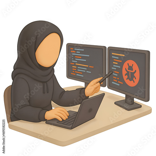 Hacker in Hoodie Using Laptop and Dual Monitors with Cybersecurity Code and Bug Icon