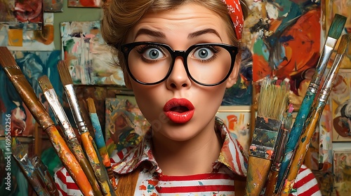 Wallpaper Mural Surprised Woman Artist Holding Paintbrushes Against Colorful Art Background Torontodigital.ca