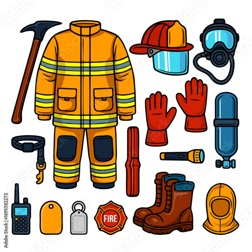 Vector illustration firefighter set, Flat design, colorful,  on white background, suitable for education, safety info graphics, Created using AI ChatGPT and refined, cleaned, finalized in CorelDRAW