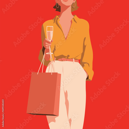 A stylish woman stands confidently against a vibrant red background, holding a glass of champagne in one hand and a shopping bag in the other. She exudes elegance.