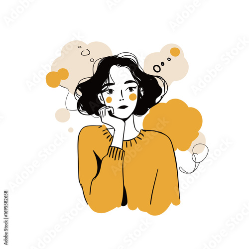 A young woman with curly hair wears a yellow sweater while resting her chin on her hand, lost in deep thought amidst abstract background shapes.
