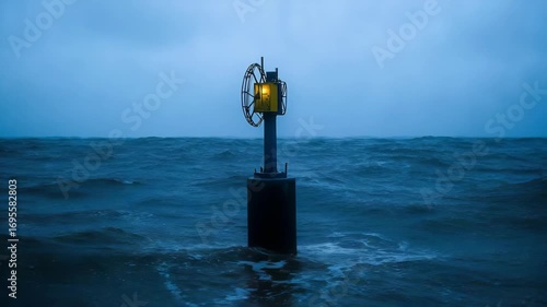 Beacon light on rough seas guiding ships through the stormy ocean at night