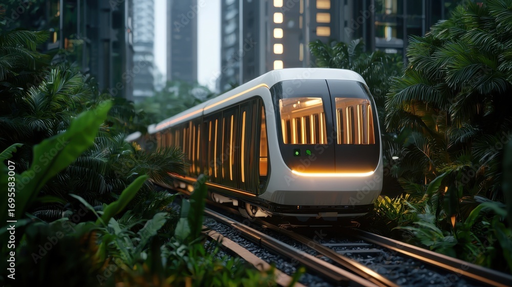 Naklejka premium A futuristic train glides through lush greenery and modern buildings, showcasing a blend of technology and nature.