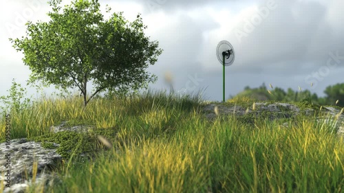 Modern technology meets serene nature on a grassy hilltop with an overcast sky