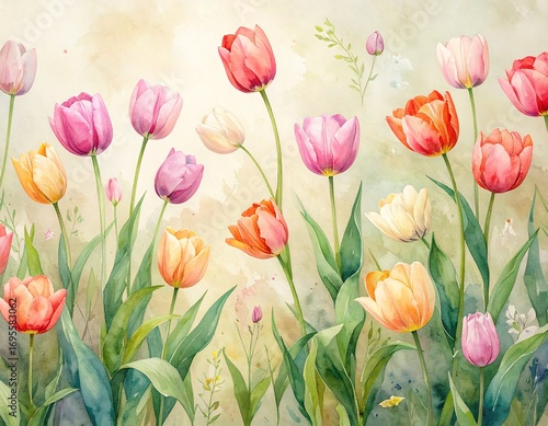 Watercolor tulips in various colors, bathed in sunlight