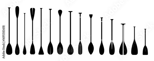 Collection of Black Paddles and Oars on White Background