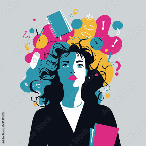 A young woman with flowing hair stares upward, lost in thought. Surrounding her are vibrant shapes, symbols, and objects embodying creativity and inspiration.