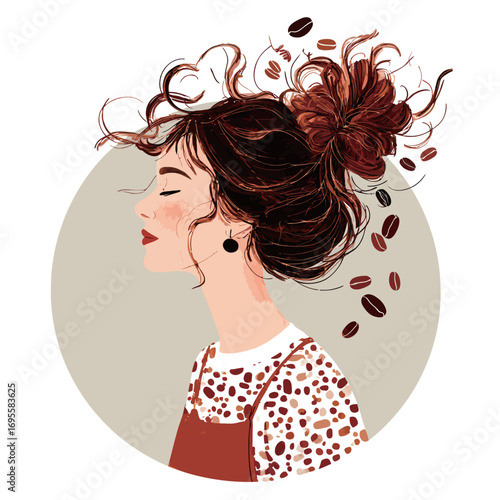 A woman with voluminous curly hair enjoys a moment of tranquility, adorned by floating coffee beans in an artistic portrayal. Warm colors enhance her charm.