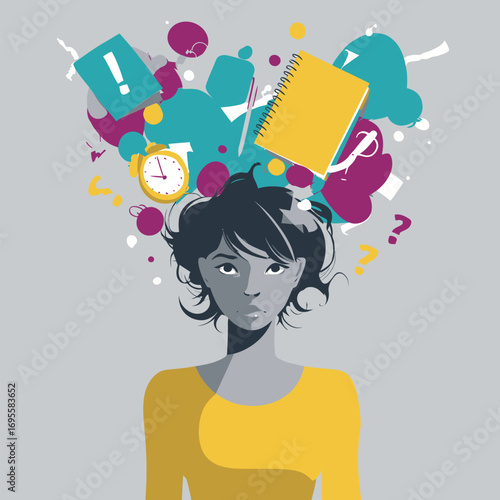 A woman in a yellow top shows an expression of contemplation, surrounded by various symbols representing her thoughts and ideas, such as clocks, questions, and books.