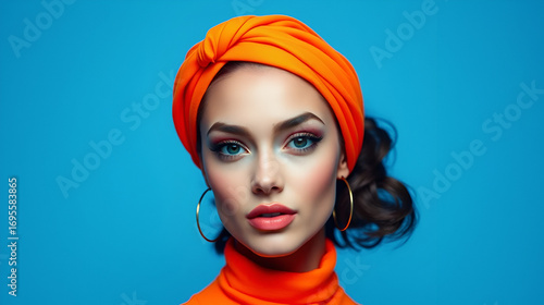 Stylish Woman in Neon Orange Headband with Solid Neon Blue Background Trendsetting Portrait