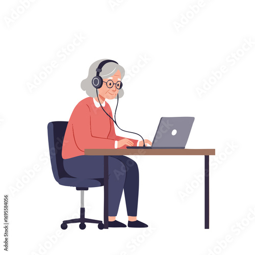 A vibrant flat 2D vector illustration depicts an older woman engaged in an online video call on her laptop, wearing headphones and sitting at a desk on a white background.