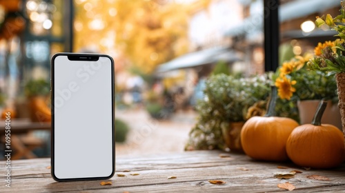 Smartphone with blank screen mockup on wooden table with pumpkins in outdoor cafe  