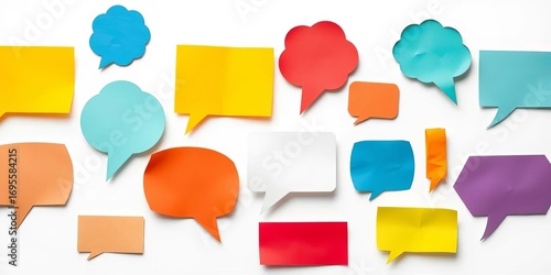 Set of diverse paper speech bubbles, various shapes and sizes, isolated on white,  colorful,  collection