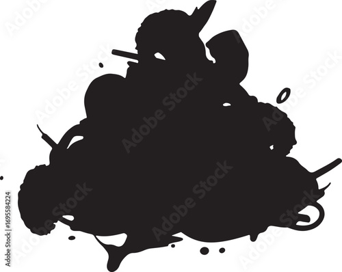 Abstract Black Ink Splatter with Diverse Shapes and Textures on White Background for Creative Designs and Artistic Expressions