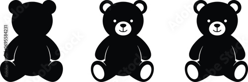 Cute teddy bear silhouette vector illustration set, black cartoon toy bear design, children plush animal doll isolated on white background