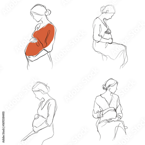 Four elegant silhouettes depict a pregnant woman in different poses, showcasing the beauty of motherhood and anticipation. Each illustration captures tenderness and grace.