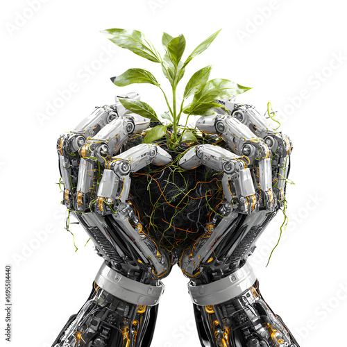 Robot hands cradling a plant representing technology and environmental sustainability