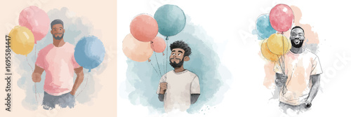 Three young men enjoy a joyful moment outdoors, each holding vibrant balloons. They share smiles, embodying happiness and celebration, creating a lively atmosphere.