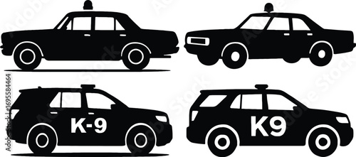 Diverse silhouette collection of police cars including k-9 units and sedans silhouette