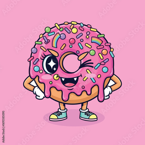 Cute donut character winking with sprinkles and pink frosting stands playfully on a pink backdrop, radiating a fun and whimsical vibe.