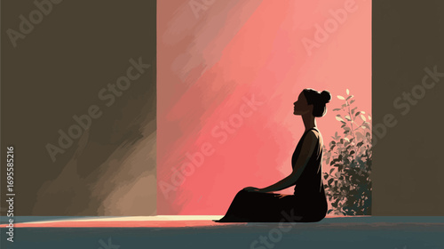 A woman sits peacefully in a relaxed posture, meditating in a tranquil space filled with warm hues and gentle light. The ambiance is calming with a touch of nature.