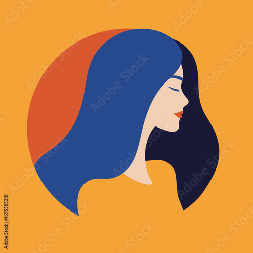 A stylized profile of a person with long flowing blue hair is set against a bright yellow and red circular background, creating a modern and minimalistic design.