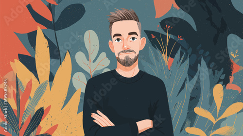 A young man stands with arms crossed, displaying a relaxed expression. Behind him, lush tropical plants and vibrant colors create a lively atmosphere.