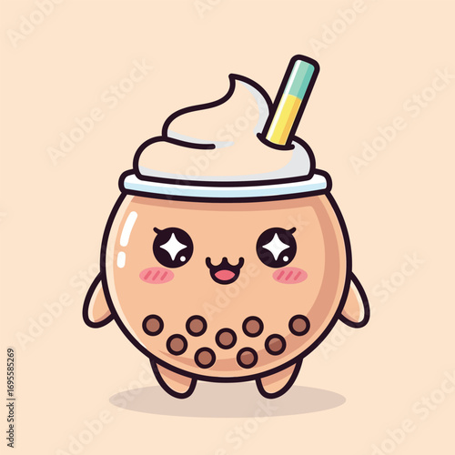 Cute bubble tea character smiling with whipped cream and straw on beige backdrop expressing joy and sweetness.