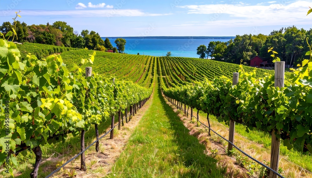 Fototapeta premium Lush vineyard overlooking a lake