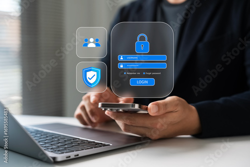 secure login system, businessman using smartphone with virtual username and password interface, representing digital identity verification, user authentication, and modern cybersecurity protection.