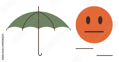 Green umbrella open beside orange neutral face with simple lines. Ideal for emotion, protection, choice, weather, simplicity, balance, moderation. Minimalist design simple flat metaphor