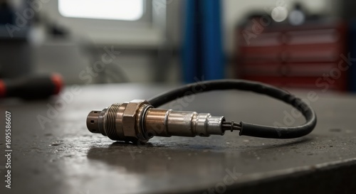 Automotive oxygen sensor on a workbench in a car repair shop. New lambda sensor for vehicle maintenance and engine diagnostics.