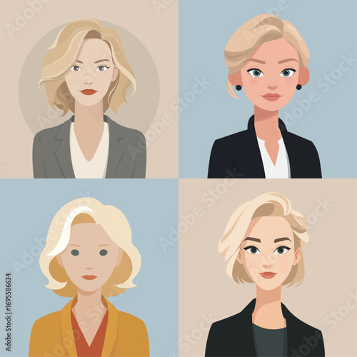 Various portraits depict a woman with short blonde hair styled differently. Each design features unique outfits and expressions, blending modernity with simplicity.