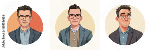 Three distinct illustrations present a young man with glasses in different outfits and expressions against simple backgrounds.