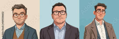 Three distinct illustrations of a man in various fashionable outfits, each featuring a different expression and background color, highlighting his personality and style.