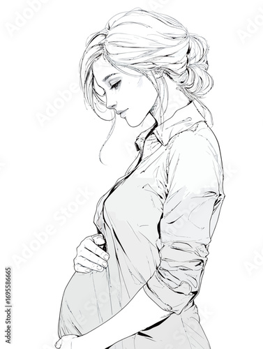 A woman wearing a button-up shirt stands in profile, softly cradling her baby bump with a calm expression, embodying the beauty of pregnancy and anticipation.
