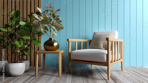 An aesthetic interior with armchair, wooden table, flower vase. Beautiful, art, and cozy