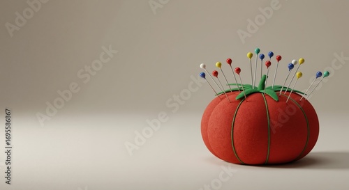 A classic red tomato pincushion with colorful sewing pins. Haberdashery tool for tailoring and crafts. DIY hobby concept with copy space.