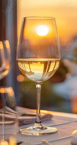 A beautifully lit glass of white wine reflecting a sunset over a scenic waterfront view