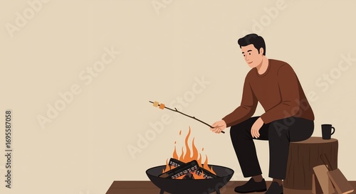 Man roasting marshmallows over a campfire. Outdoor camping and leisure activity. Vector illustration with copy space for text.