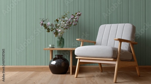 An aesthetic interior with armchair, wooden table, flower vase. Beautiful, art, and cozy