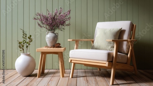 An aesthetic interior with armchair, wooden table, flower vase. Beautiful, art, and cozy