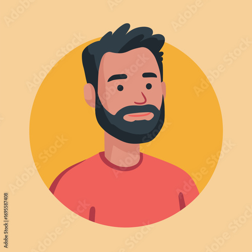 A young man displays a thoughtful expression, featuring a beard and messy short hair. He wears a red shirt, set against a vibrant yellow background.